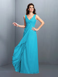 A-Line/Princess Straps Pleats Sleeveless Long Chiffon Bridesmaid Dresses Prom Evening Dress