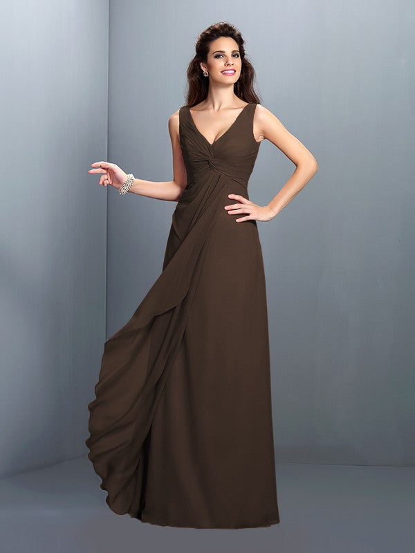 A-Line/Princess Straps Pleats Sleeveless Long Chiffon Bridesmaid Dresses Prom Evening Dress