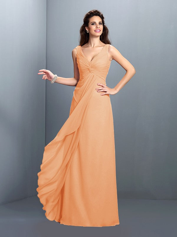 A-Line/Princess Straps Pleats Sleeveless Long Chiffon Bridesmaid Dresses Prom Evening Dress