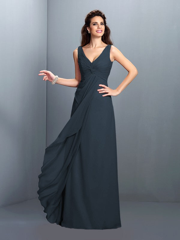 A-Line/Princess Straps Pleats Sleeveless Long Chiffon Bridesmaid Dresses Prom Evening Dress