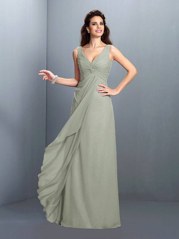 A-Line/Princess Straps Pleats Sleeveless Long Chiffon Bridesmaid Dresses Prom Evening Dress