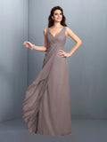 A-Line/Princess Straps Pleats Sleeveless Long Chiffon Bridesmaid Dresses Prom Evening Dress