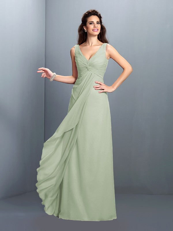 A-Line/Princess Straps Pleats Sleeveless Long Chiffon Bridesmaid Dresses Prom Evening Dress