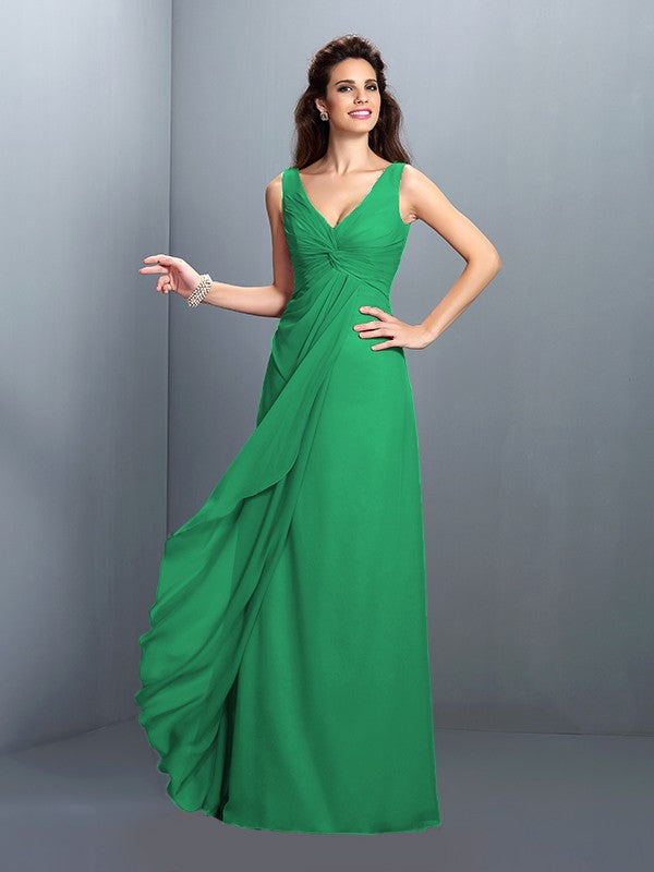 A-Line/Princess Straps Pleats Sleeveless Long Chiffon Bridesmaid Dresses Prom Evening Dress