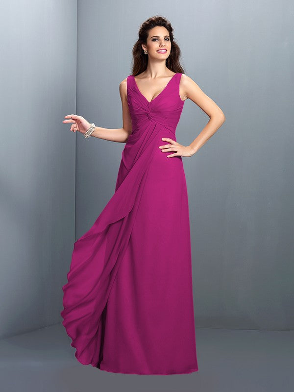 A-Line/Princess Straps Pleats Sleeveless Long Chiffon Bridesmaid Dresses Prom Evening Dress