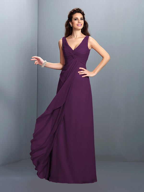 A-Line/Princess Straps Pleats Sleeveless Long Chiffon Bridesmaid Dresses Prom Evening Dress