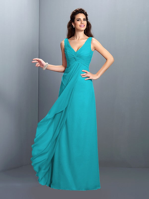 A-Line/Princess Straps Pleats Sleeveless Long Chiffon Bridesmaid Dresses Prom Evening Dress
