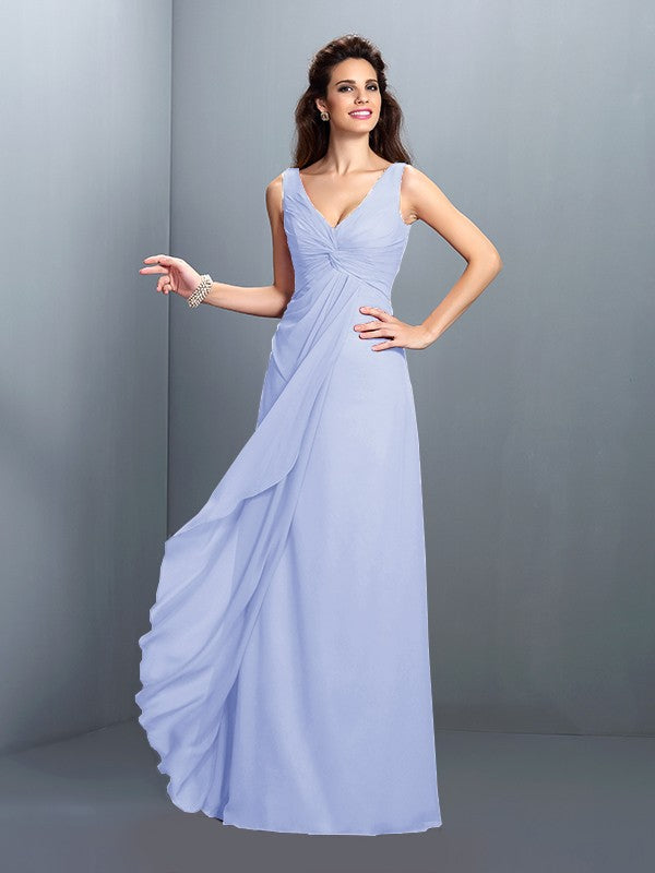 A-Line/Princess Straps Pleats Sleeveless Long Chiffon Bridesmaid Dresses Prom Evening Dress