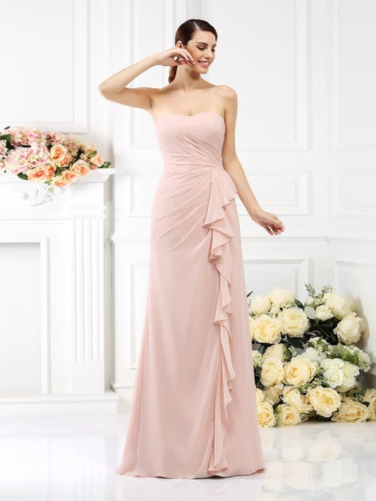 A-Line/Princess Strapless Pleats Sleeveless Long Chiffon Bridesmaid Dresses Evening Prom Dress