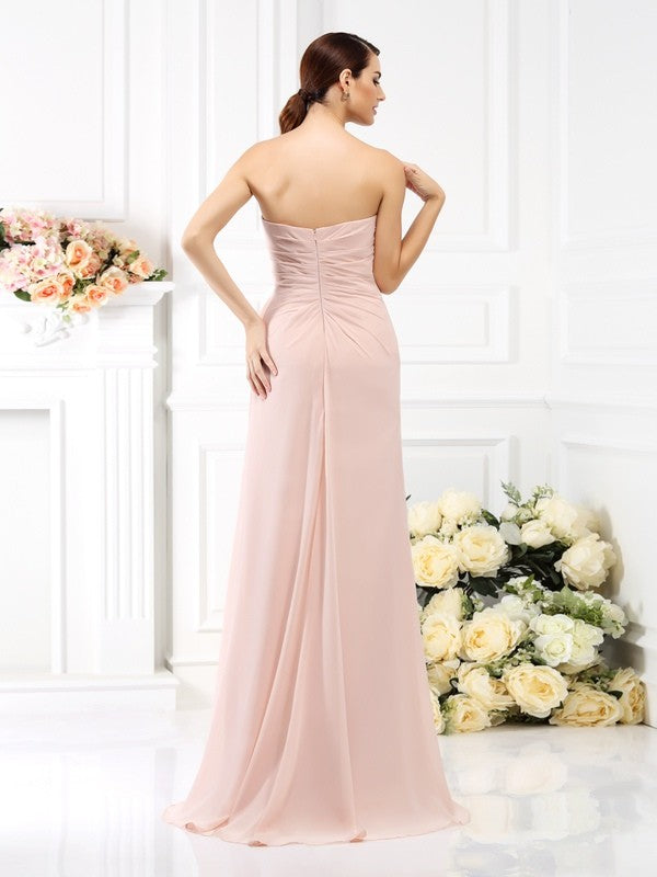 A-Line/Princess Strapless Pleats Sleeveless Long Chiffon Bridesmaid Dresses Evening Prom Dress