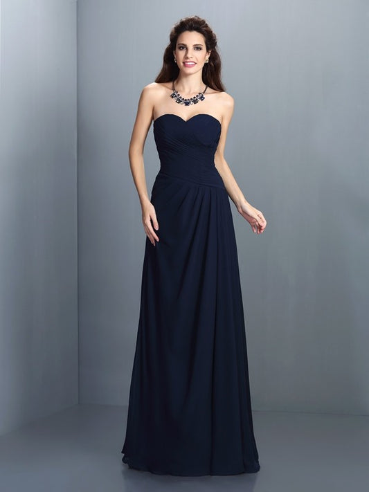 Vestido de dama de honor largo de gasa sin mangas con escote corazón y pliegues, corte A/princesa, vestido de noche