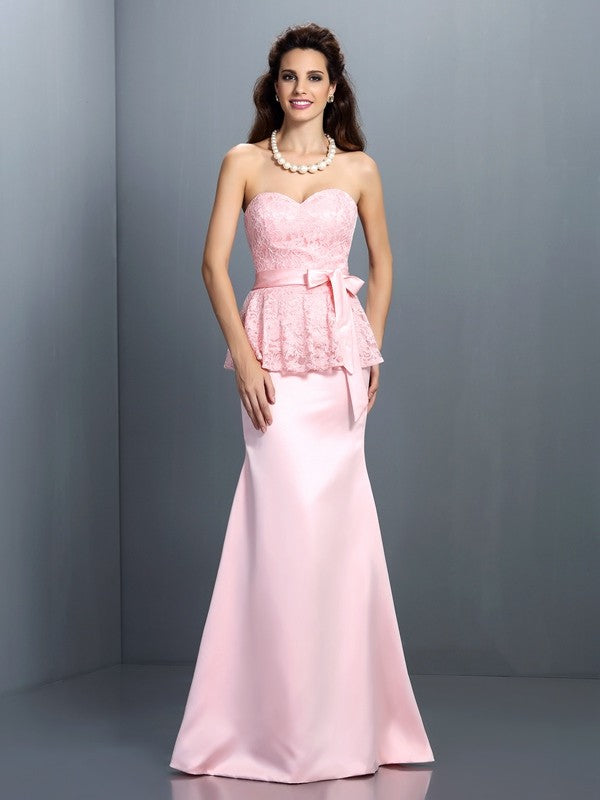 Trumpet/Mermaid Sweetheart Lace Sleeveless Long Satin Bridesmaid Dresses Formal Evening Dress