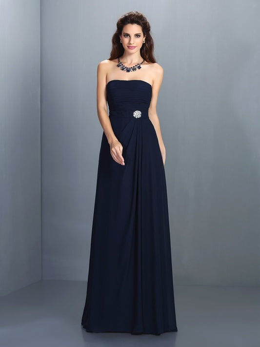 Vestido de dama de honor largo de gasa sin mangas con diamantes de imitación, corte A/princesa, para invitada de boda