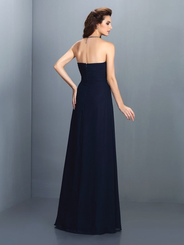 Vestido de dama de honor largo de gasa sin mangas con diamantes de imitación, corte A/princesa, para invitada de boda