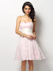 A-Line/Princess Sweetheart Lace Sleeveless Short Satin Bridesmaid Dresses Homecoming Prom Dress