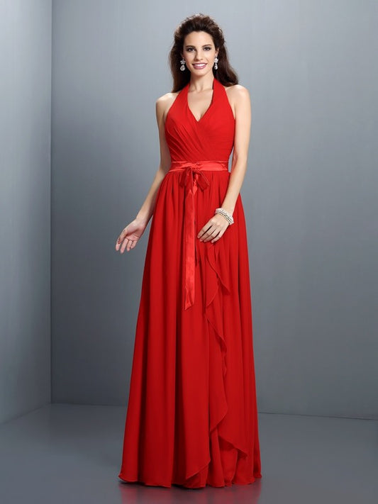 A-Line/Princess Halter Pleats Sleeveless Long Chiffon Bridesmaid Dresses Evening Prom Dress