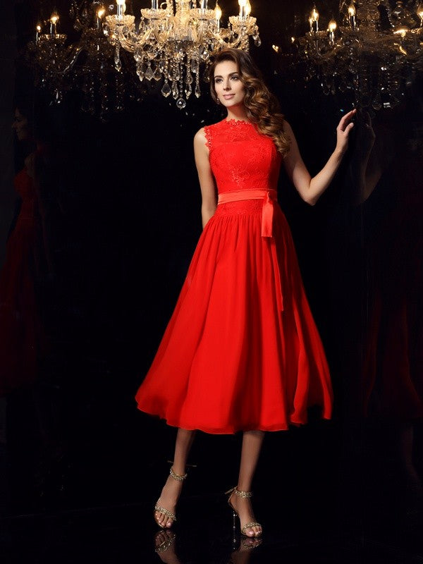 A-Line/Princess High Neck Sash/Ribbon/Belt Sleeveless Short Chiffon Dresses Prom Wedding Guest Dress
