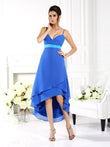 Vestido de dama de honor de gasa con corte A/princesa, tirantes finos, volantes, sin mangas, corte alto bajo, para invitada de boda
