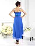 Vestido de dama de honor de gasa con corte A/princesa, tirantes finos, volantes, sin mangas, corte alto bajo, para invitada de boda