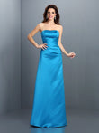A-Line/Princess Strapless Sleeveless Long Satin Bridesmaid Dresses Evening Prom Dress