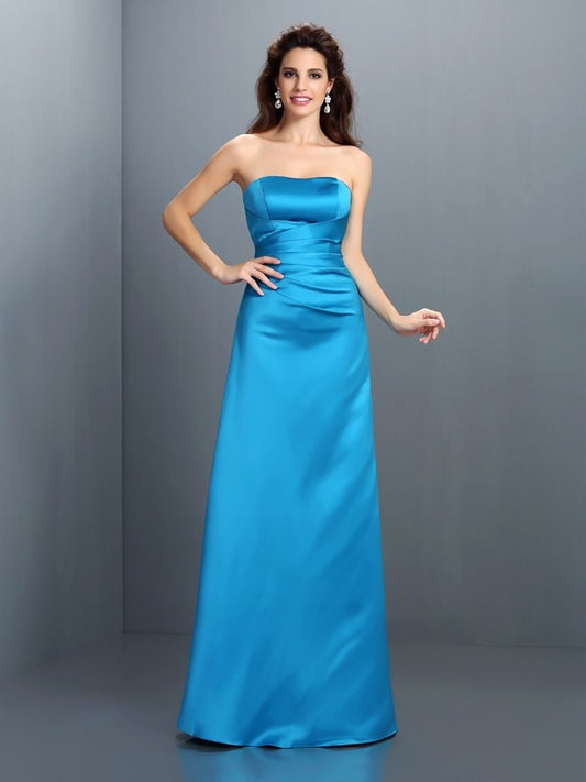 A-Line/Princess Strapless Sleeveless Long Satin Bridesmaid Dresses Evening Prom Dress