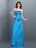 A-Line/Princess Strapless Sleeveless Long Satin Bridesmaid Dresses Evening Prom Dress
