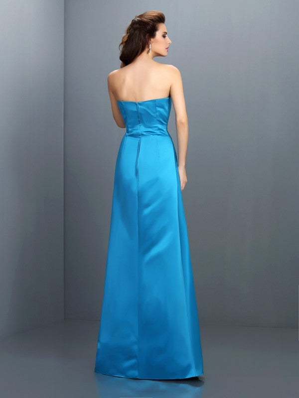 A-Line/Princess Strapless Sleeveless Long Satin Bridesmaid Dresses Evening Prom Dress