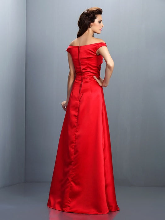 Sheath/Column Off-the-Shoulder Sleeveless Long Satin Bridesmaid Dresses Formal Evening Dress