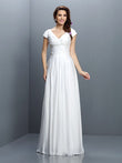 A-Line/Princess V-neck Pleats Short Sleeves Long Chiffon Bridesmaid Dresses Wedding Guest Dress