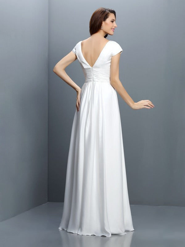 A-Line/Princess V-neck Pleats Short Sleeves Long Chiffon Bridesmaid Dresses Wedding Guest Dress