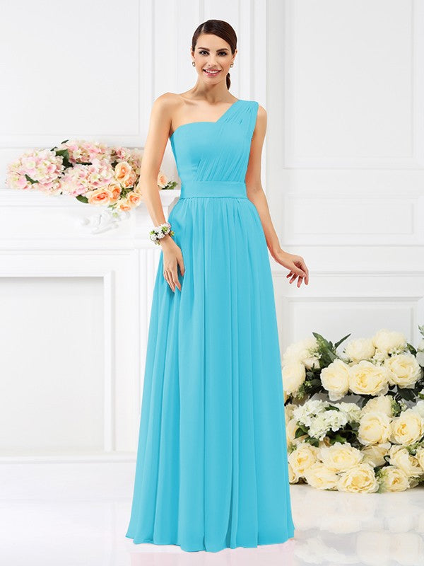 A-Line/Princess One-Shoulder Pleats Sleeveless Long Chiffon Bridesmaid Dresses Evening Dress