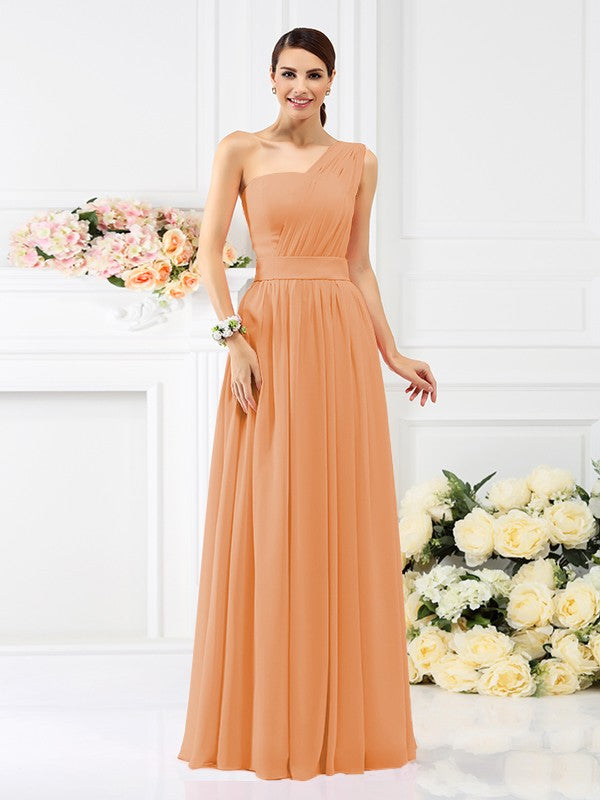 A-Line/Princess One-Shoulder Pleats Sleeveless Long Chiffon Bridesmaid Dresses Evening Dress