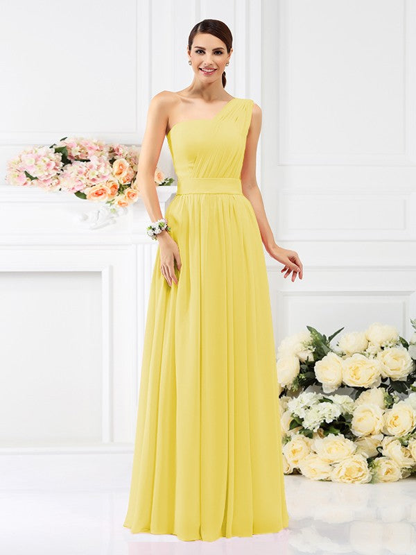 A-Line/Princess One-Shoulder Pleats Sleeveless Long Chiffon Bridesmaid Dresses Evening Dress