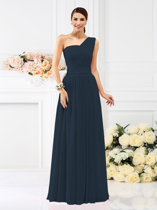 A-Line/Princess One-Shoulder Pleats Sleeveless Long Chiffon Bridesmaid Dresses Evening Dress