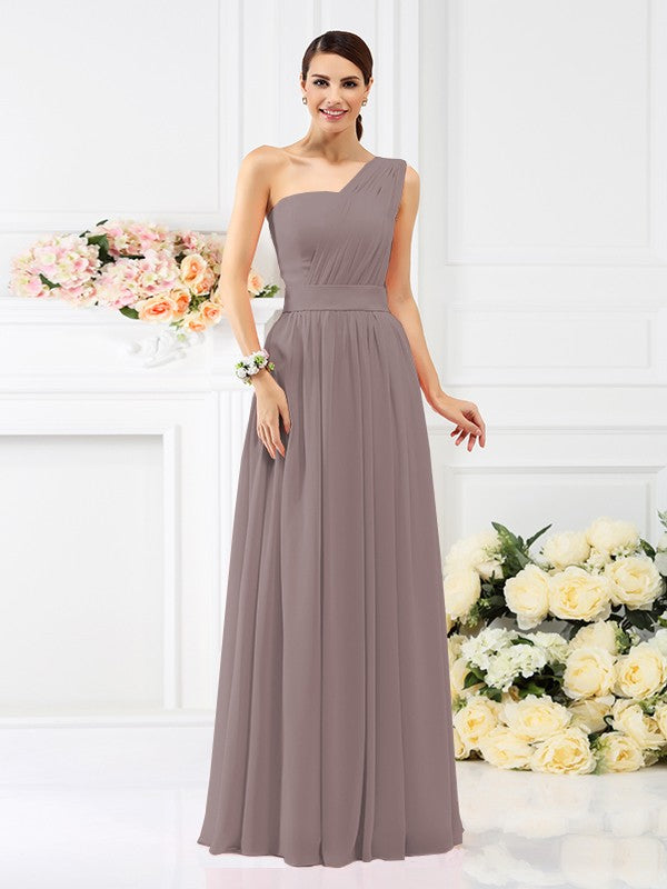 A-Line/Princess One-Shoulder Pleats Sleeveless Long Chiffon Bridesmaid Dresses Evening Dress