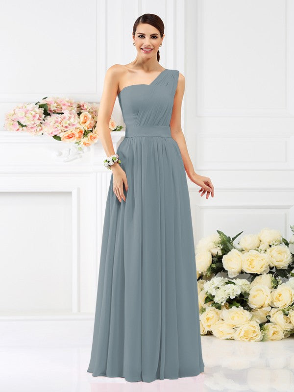 A-Line/Princess One-Shoulder Pleats Sleeveless Long Chiffon Bridesmaid Dresses Evening Dress