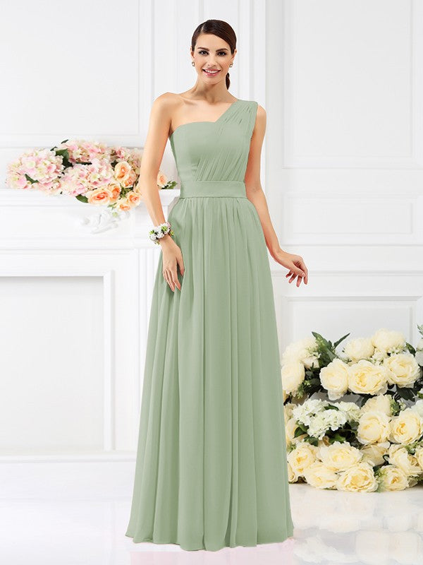 A-Line/Princess One-Shoulder Pleats Sleeveless Long Chiffon Bridesmaid Dresses Evening Dress