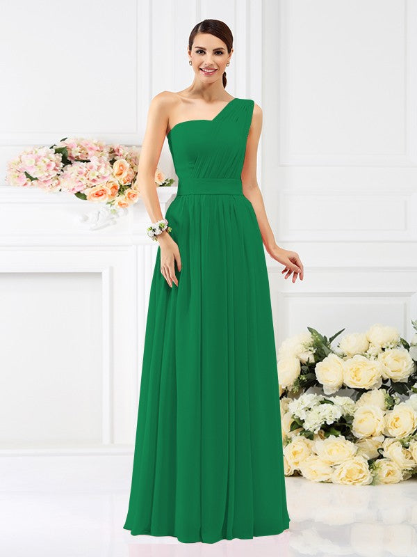 A-Line/Princess One-Shoulder Pleats Sleeveless Long Chiffon Bridesmaid Dresses Evening Dress