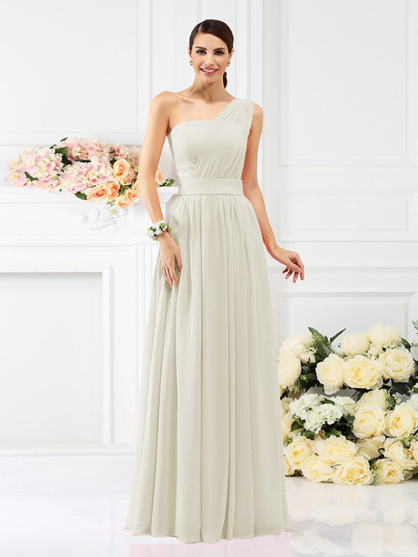 A-Line/Princess One-Shoulder Pleats Sleeveless Long Chiffon Bridesmaid Dresses Evening Dress