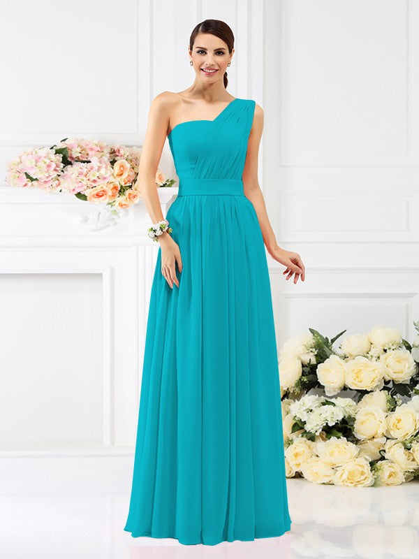 A-Line/Princess One-Shoulder Pleats Sleeveless Long Chiffon Bridesmaid Dresses Evening Dress