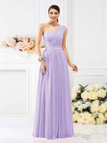 A-Line/Princess One-Shoulder Pleats Sleeveless Long Chiffon Bridesmaid Dresses Evening Dress