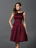 Vestidos de dama de honor cortos de satén con corte A/princesa y escote redondo sin mangas