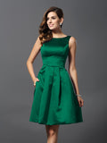 Vestidos de dama de honor cortos de satén con corte A/princesa y escote redondo sin mangas