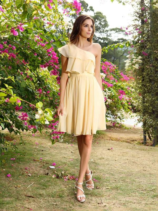 A-Linie/Princess-Linie One-Shoulder-Träger Ärmellos Kurz Chiffon Brautjungfernkleider Homecoming Ballkleid