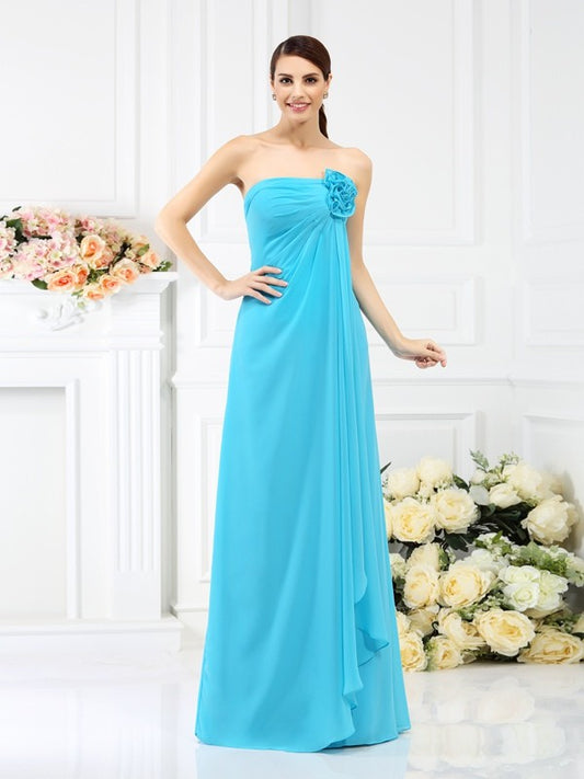 A-Line/Princess Strapless Hand-Made Flower Sleeveless Long Chiffon Bridesmaid Dresses Evening Prom Dress