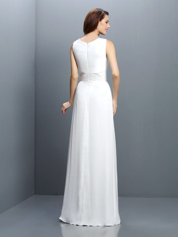Sheath/Column V-neck Sleeveless Long Chiffon Bridesmaid Dresses Formal Evening Dress