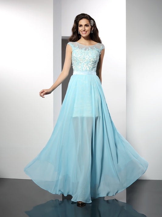 Vestido de noche de graduación de gasa largo sin mangas con apliques de barco y corte A/princesa