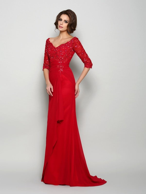 A-Linie/Princess-Linie V-Ausschnitt Perlen verziert 1/2 Ärmel Applikationen Lang Chiffon Brautmutterkleider