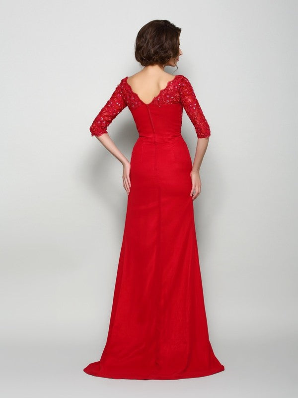 A-Linie/Princess-Linie V-Ausschnitt Perlen verziert 1/2 Ärmel Applikationen Lang Chiffon Brautmutterkleider