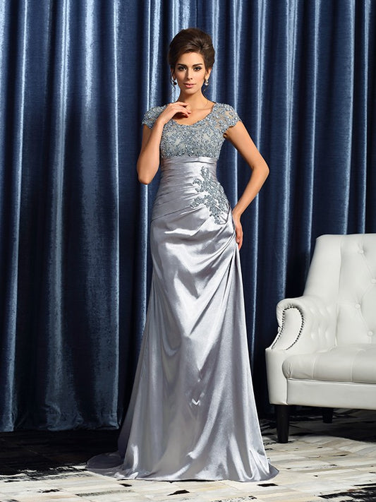 Trumpet/Mermaid Scoop Beading Short Sleeves Long Silk like Satin Mother of the Bride Dresses